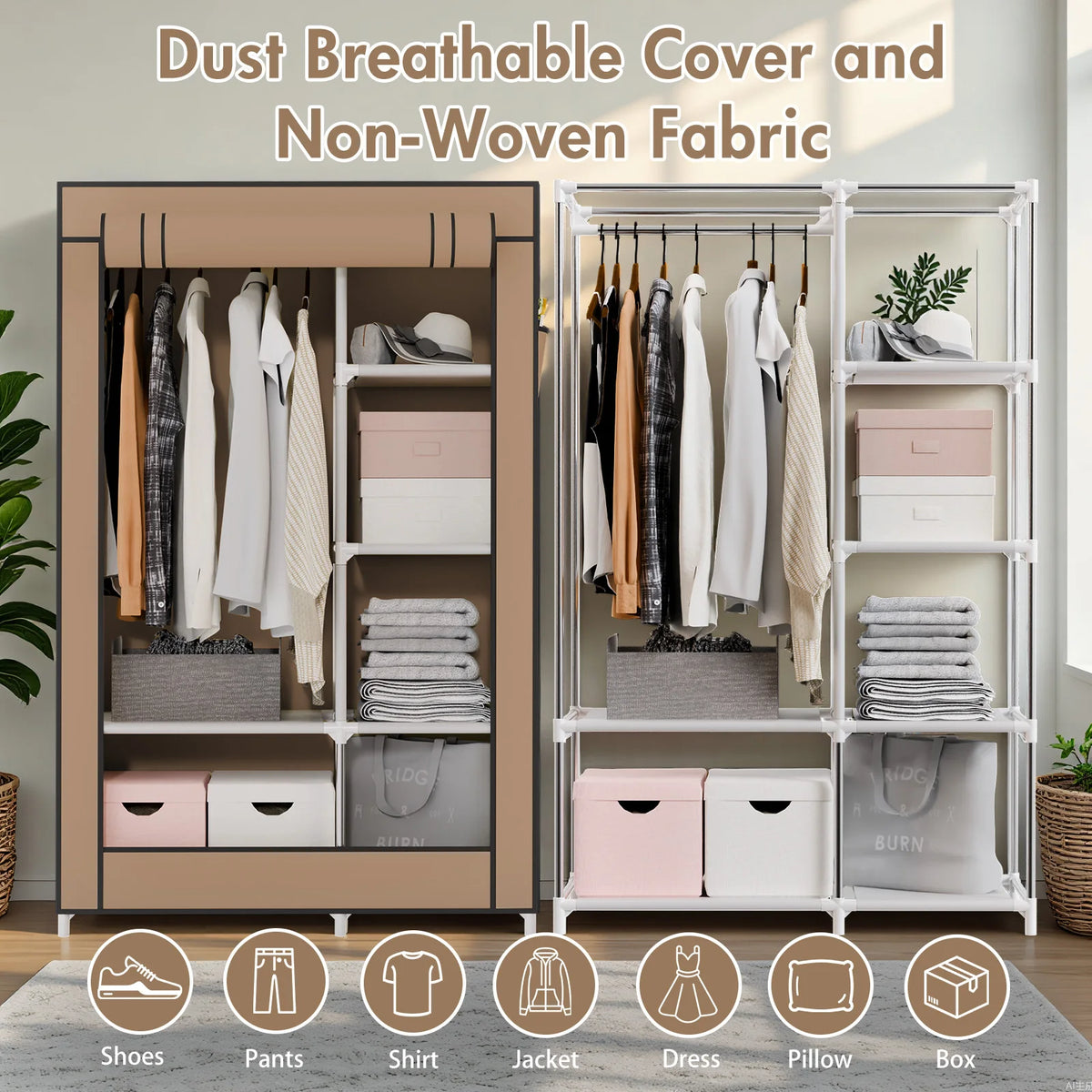Portable Closet Wardrobe Organizer with 6 Shelves and Hanging Rod