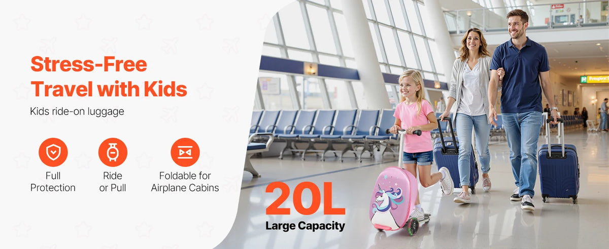 20L 20 Inch Purple Kids Ride-on Luggage Scooter Suitcase Flash PU Wheels Adjustable Handle TPR Grip Foldable for 5+ Kids Travel