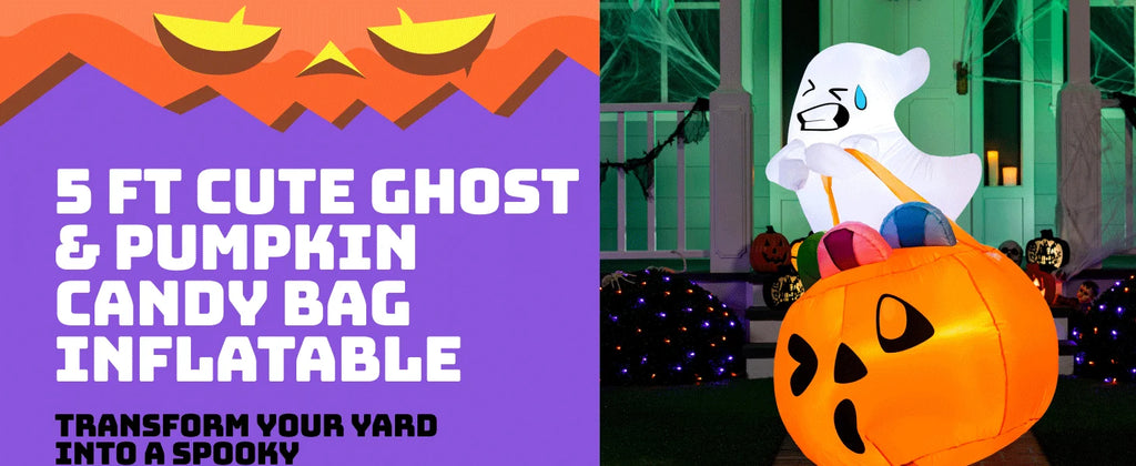 Halloween 5 ft Inflatable Ghost with Pumpkin Candy Bag, Built-In LEDs