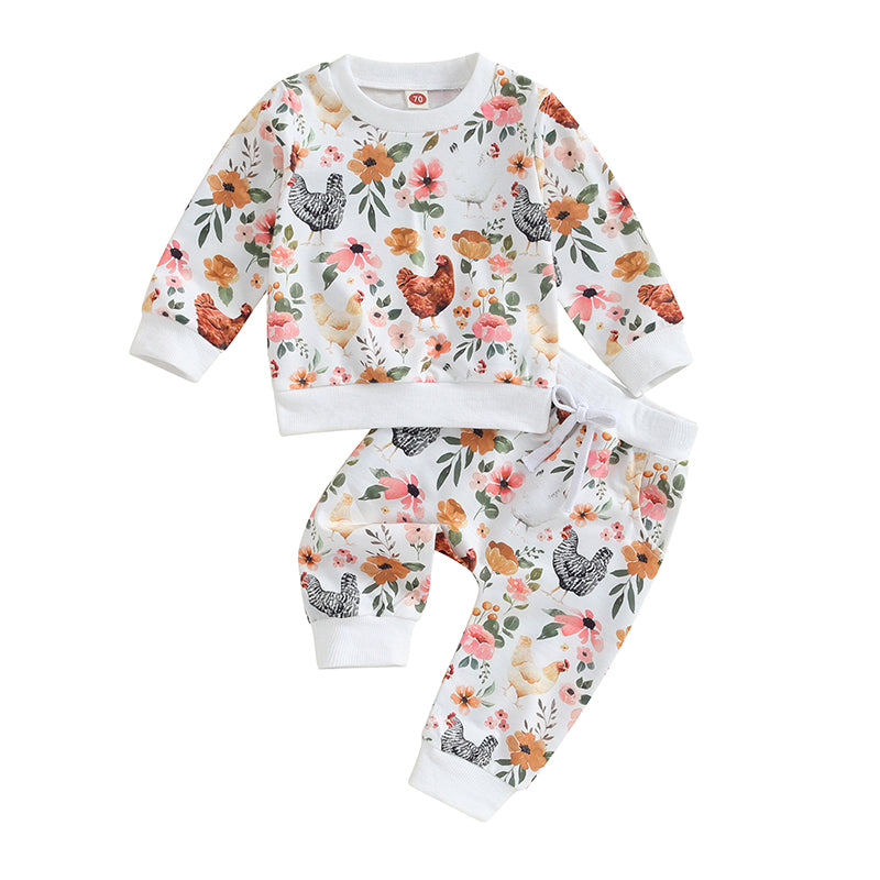 Autumn Toddler Baby Girl Fall Clothes Set Flower Print Long Sleeve Tops Elastic Waist Pants Outfit Clothes
