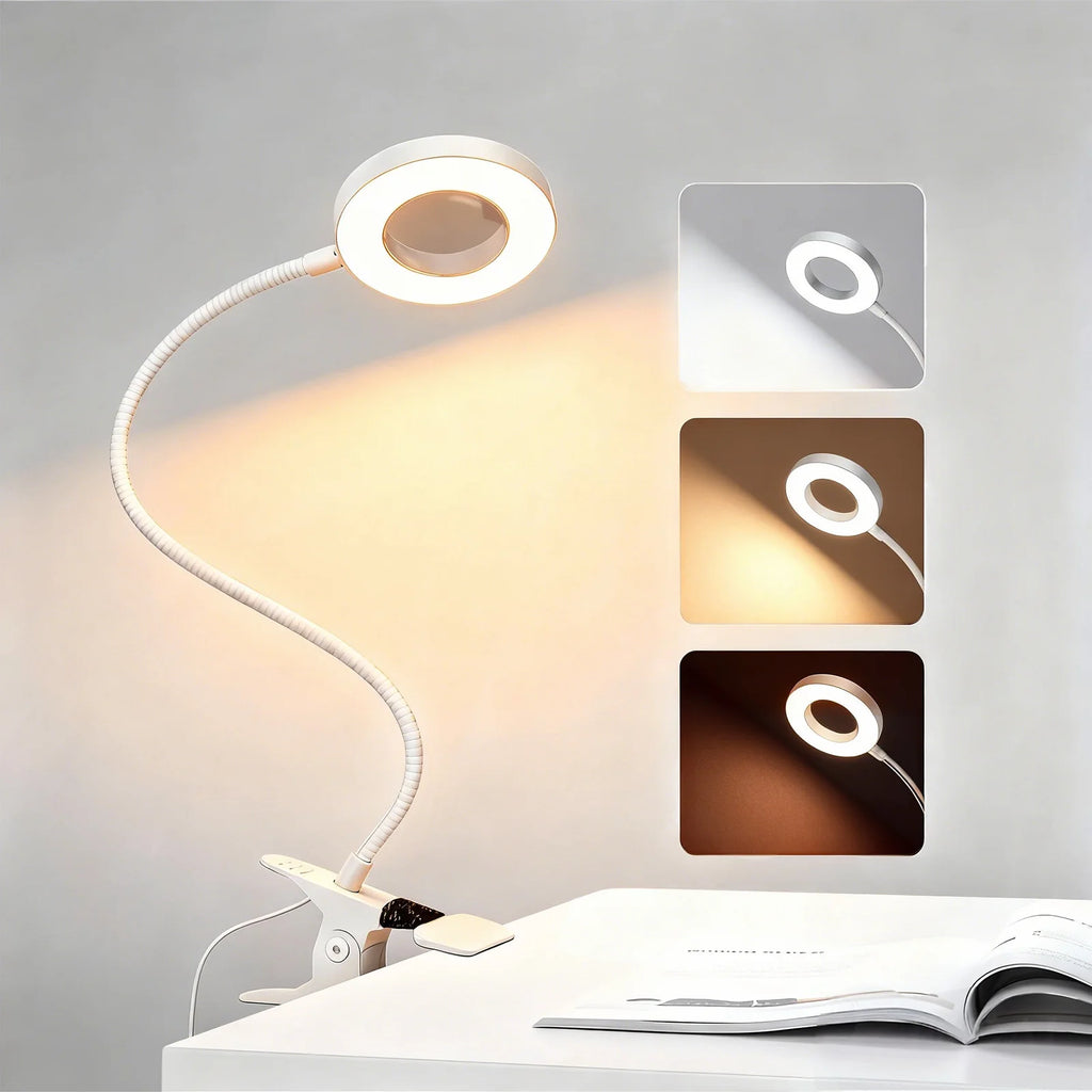 LED Clip-On Magnifying Desk Lamp 5X, USB Dimmable Gooseneck Magnifier Light with 3 Colors