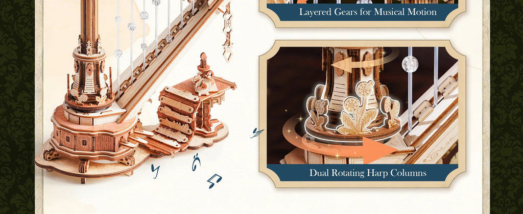 ROKR Magic Harp Music Box Wooden 3D Puzzle 350-Piece DIY Mechanical Model Building Kit for Home Desk Bookshelf Decor Gift for Adults Kids