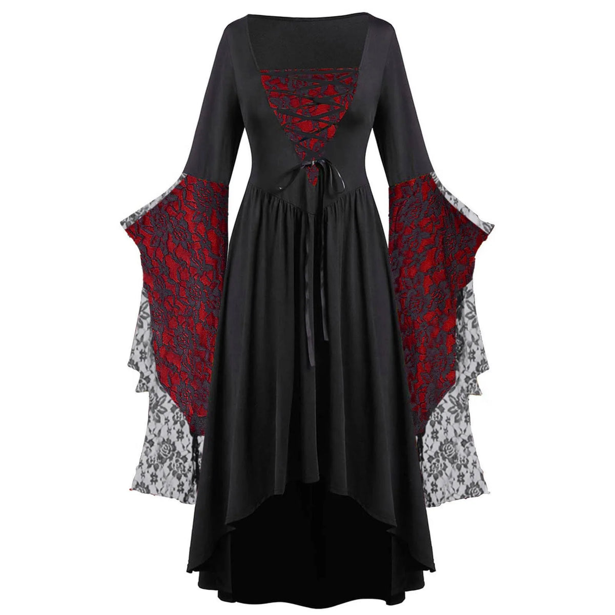 Women's Gothic Lace Dress, Long Flare Sleeve Halloween Costume Gown in Plus Sizes