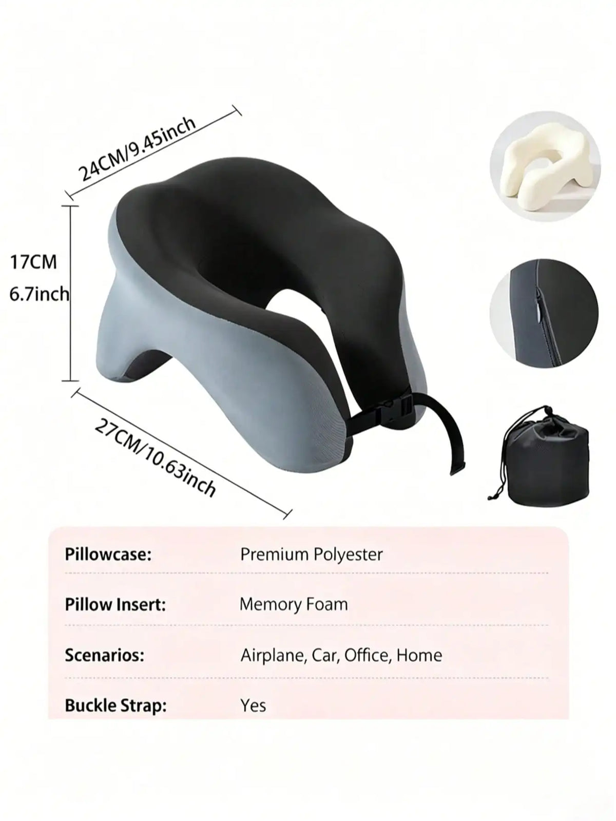 360° Head Support Memory Foam 2-In-1 Neck Pillow, With Storage Bag, Adjustable Buckle, Suitable For Travel, Home, Office And Gaming