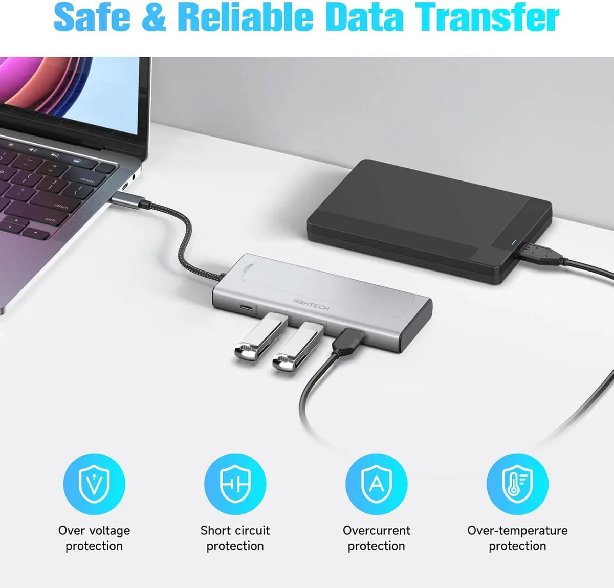RSHTECH 5-in-1 Aluminium USB-C Hub with M.2 NVMe and SATA SSD Enclosure, 10Gbps, 3 USB 3.2 Ports, 100W Power Delivery