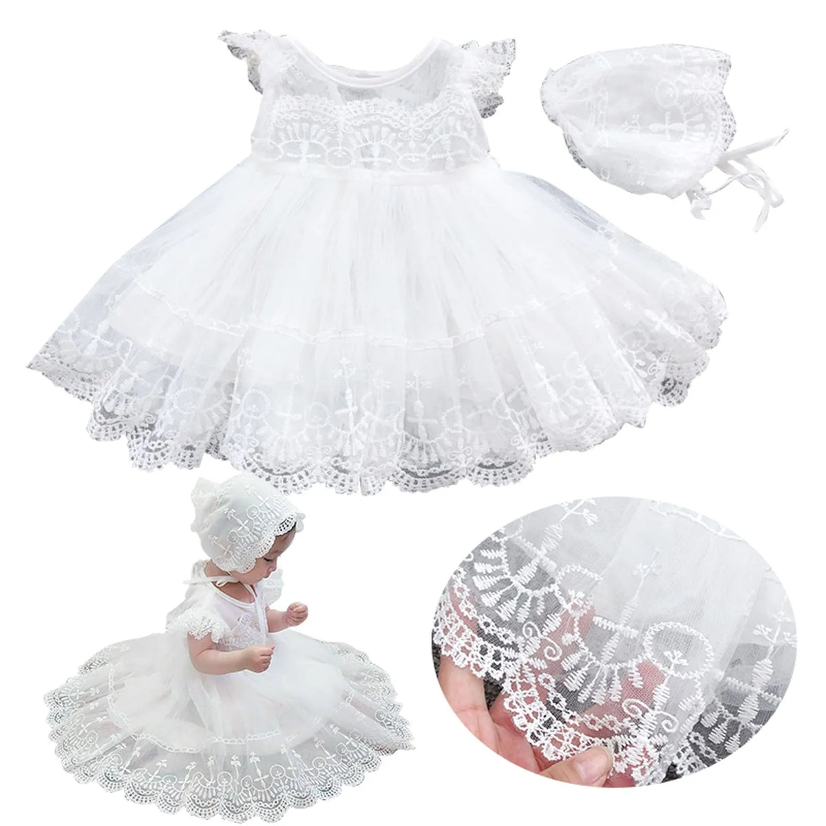 Baby Girl Lace Crochet Tulle Dress, Infant Christening and Special Occasion Ruffle Dress