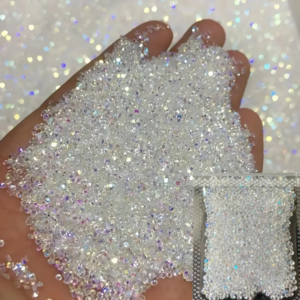 1Bag Aprox.1400Pcs Mini Nail Rhinestones Micro 1.2mm Nail Sand Pixie Crystals Iridescent AB Bling Tiny Sugar Beads Nail Charms
