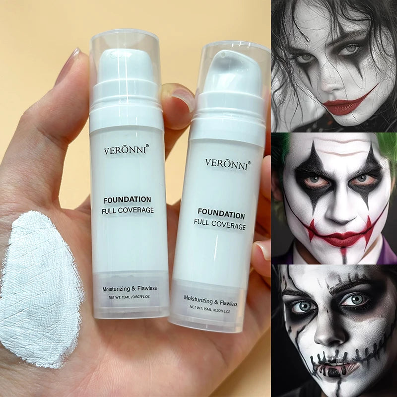 Matte White Liquid Foundation Makeup,Buildable Coverage Primer & Concealer Stick,Waterproof & Long-Lasting for Halloween,Cosplay