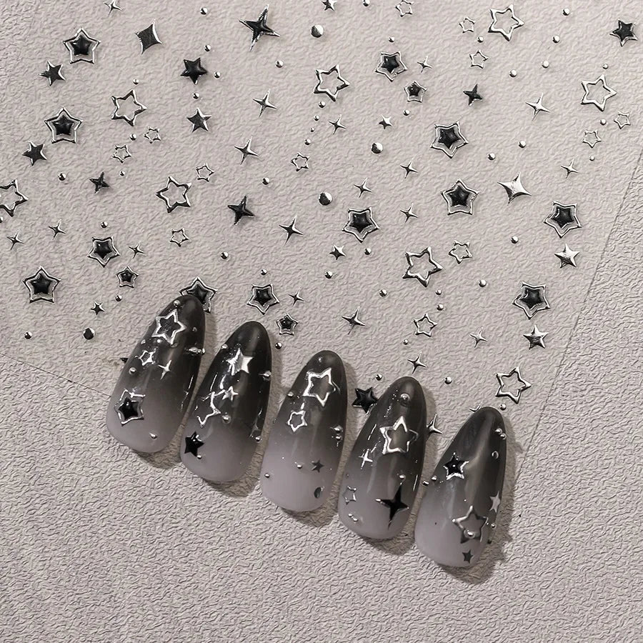 5D Luxury Star Nail Stickers for Nail Art Stars Black Silver Nail Decals Gilding Hollow Out Five-Pointed Nail Art Design Slider