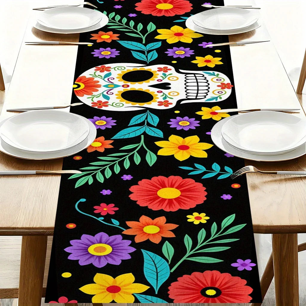 Halloween Day of the Dead Marigold Sugar Skull Linen Table Runner