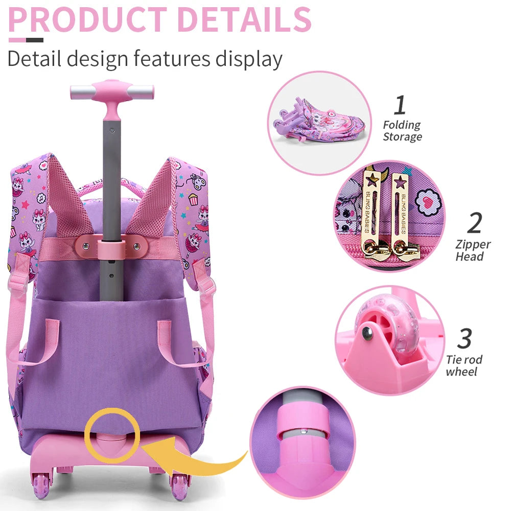 3 Piece Kids Travel Set, Pink Cat Sequin Rolling Bookbag with Wheels, Lunch Box and Pen Bag, Reflective Detail