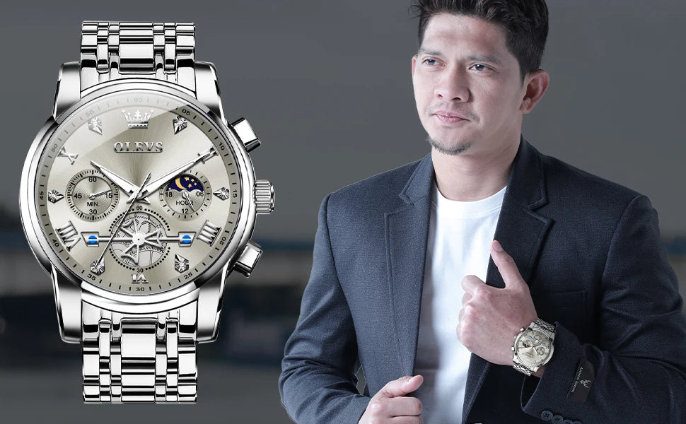 OLEVS Men's Skeleton Chronograph Watch with Moon Phase, Stainless Steel Quartz Wristwatch