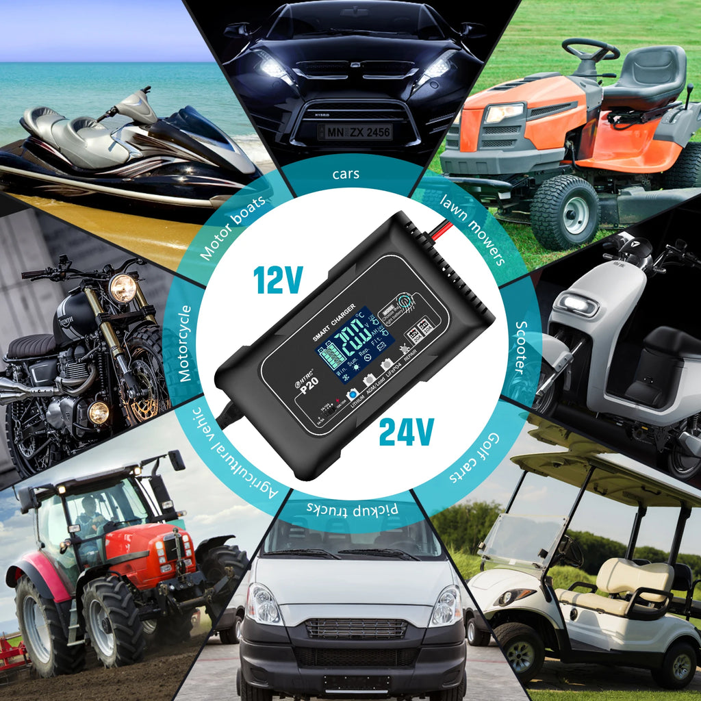 20A 12V-24V Smart Battery Charger for Motorcycle Car Battery Repair Auto Moto Lead Acid AGM GEL PB Lithium LiFePo4 Batteri