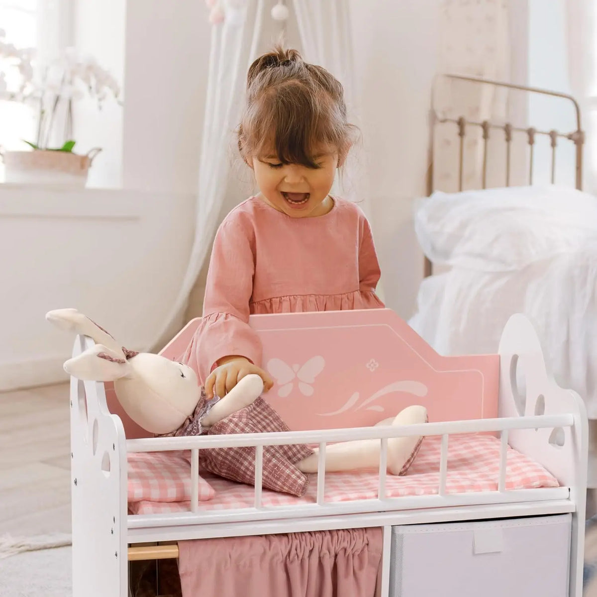 Baby Doll Crib Wooden Toy Baby Crib with Storage Bedding Wooden Hooks Doll Crib Fits Dolls up to 21" for Girls 3+ Pink
