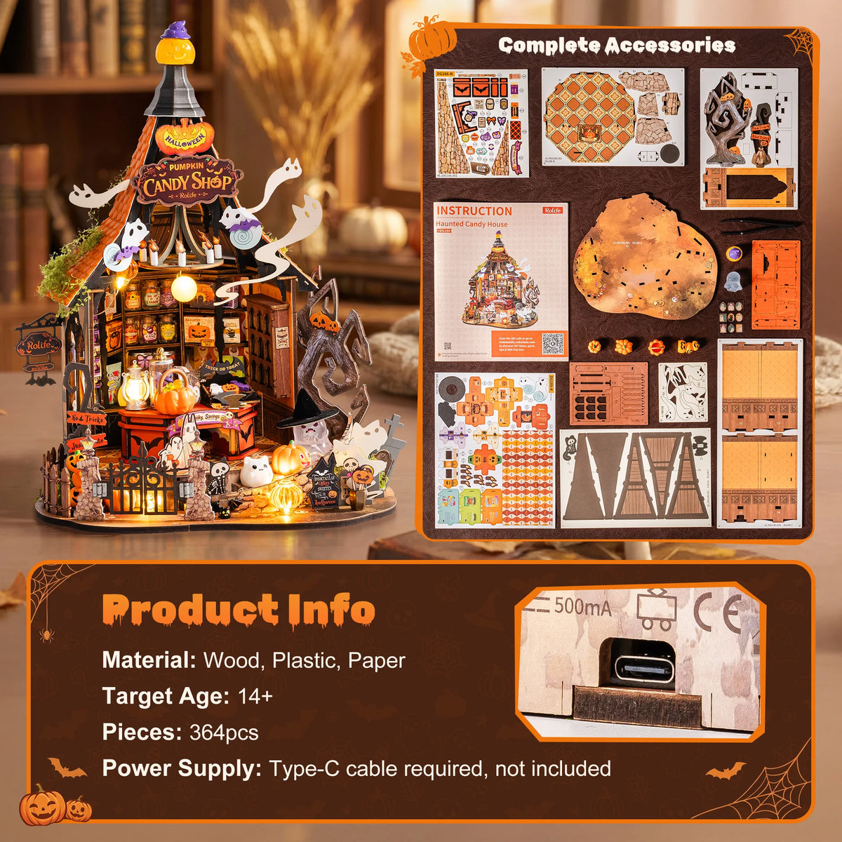 Rolife DIY Miniature House Kit Haunted Candy House Wooden Dollhouse Model Building Kit with LED Light for Home Decor Holiday Gift for Adults Friends