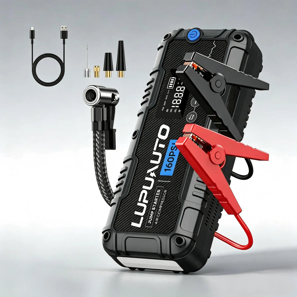 4 In 1 Car Jump Starter with LED Lighting 4000A Portable Car Battery Charger Power Bank Tire Inflator Pump 160PSI Air Compressor