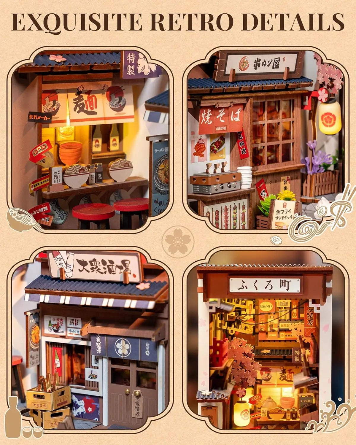 Sakura Wine Alley DIY Booknook with Lights DIY Miniature Dolls House Kit 3D Wooden Puzzle Bookend Bookshelf Decor Gift