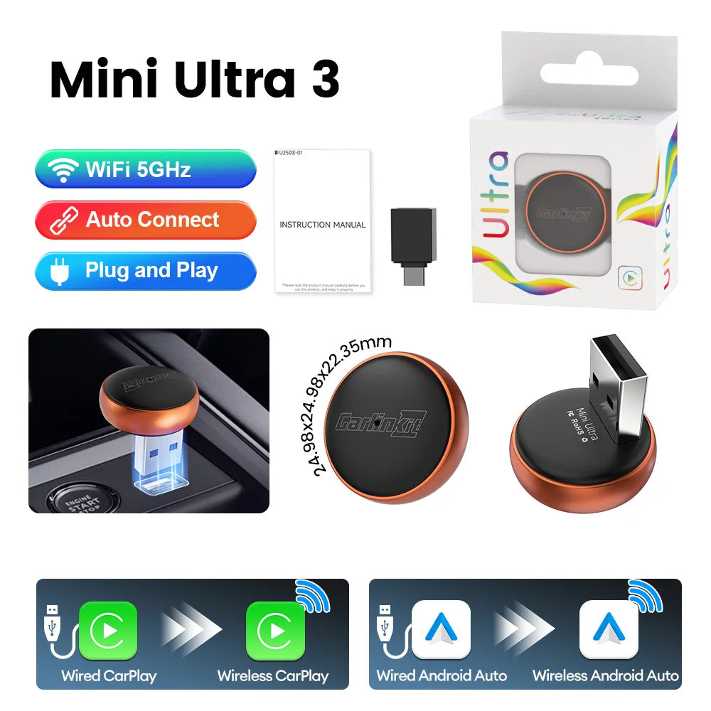 CarlinKit Mini Ultra 3 Wireless CarPlay and Android Auto Adapter, 2-in-1 Plug and Play