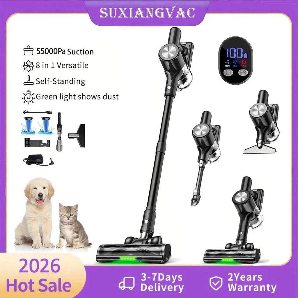 Cordless Vacuum Cleaner, 55Kpa/55min Self-Standing Powerful Stick Lightweight Vacuum Cleaner for Home Fur/Hard Floor/Rug
