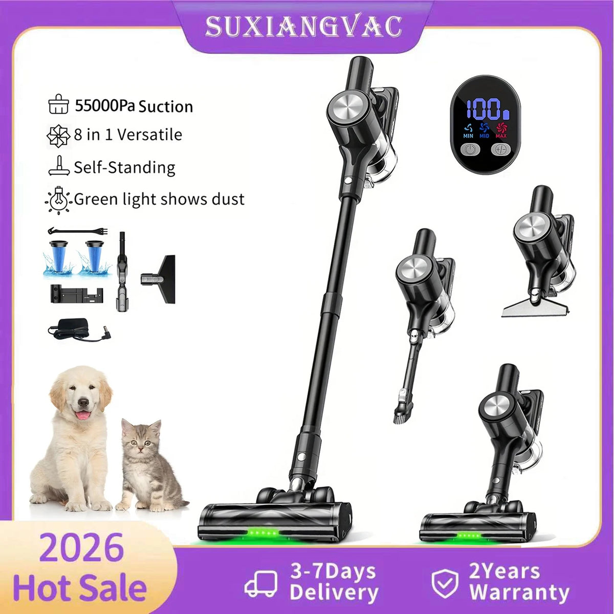 Cordless Vacuum Cleaner, 55Kpa/55min Self-Standing Powerful Stick Lightweight Vacuum Cleaner for Home Fur/Hard Floor/Rug