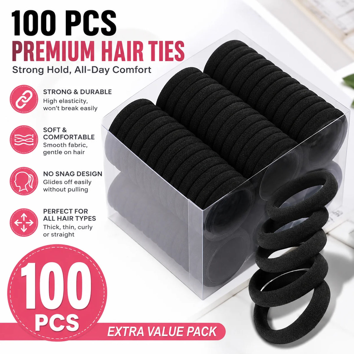 Black Elastic Hair Ties, 200 Pack