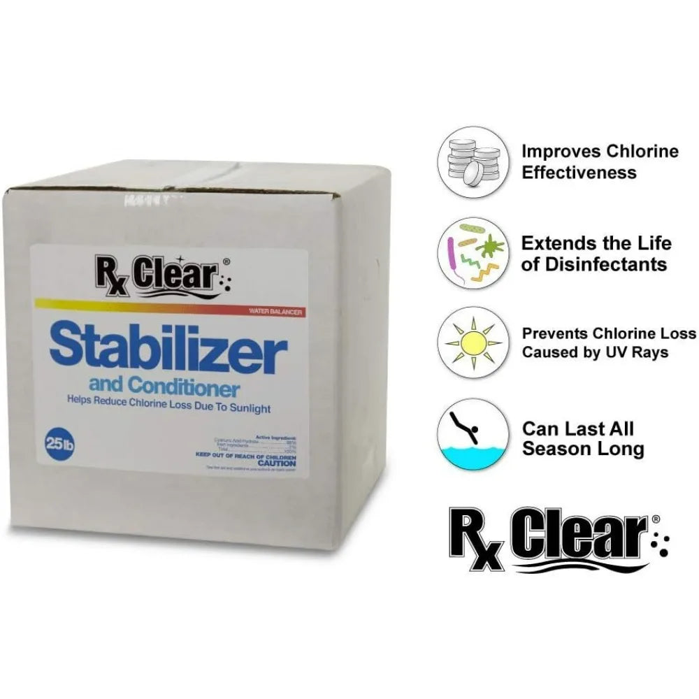 Rx Clear 25 Lbs Swimming Pool Stabilizer Conditioner - Cyanuric Acid Water Balancer Reduces Chlorine Loss from Sunlight Longer