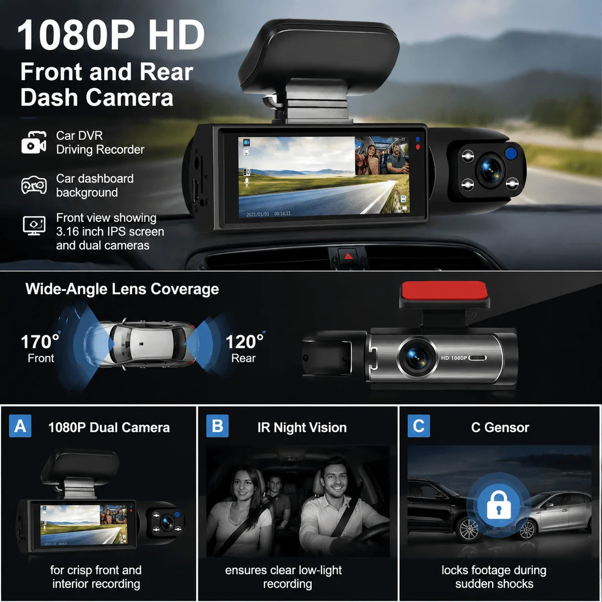 1080P HD Front and Rear Dash Camera for Car Driving Recorder with IR Night Vision G Sensor 3 1 6 Inch IPS Screen 150 Degree Wide Angle Dual Lens Car DVR for Seamless Loop Recording and Parking Guard Safety Shield