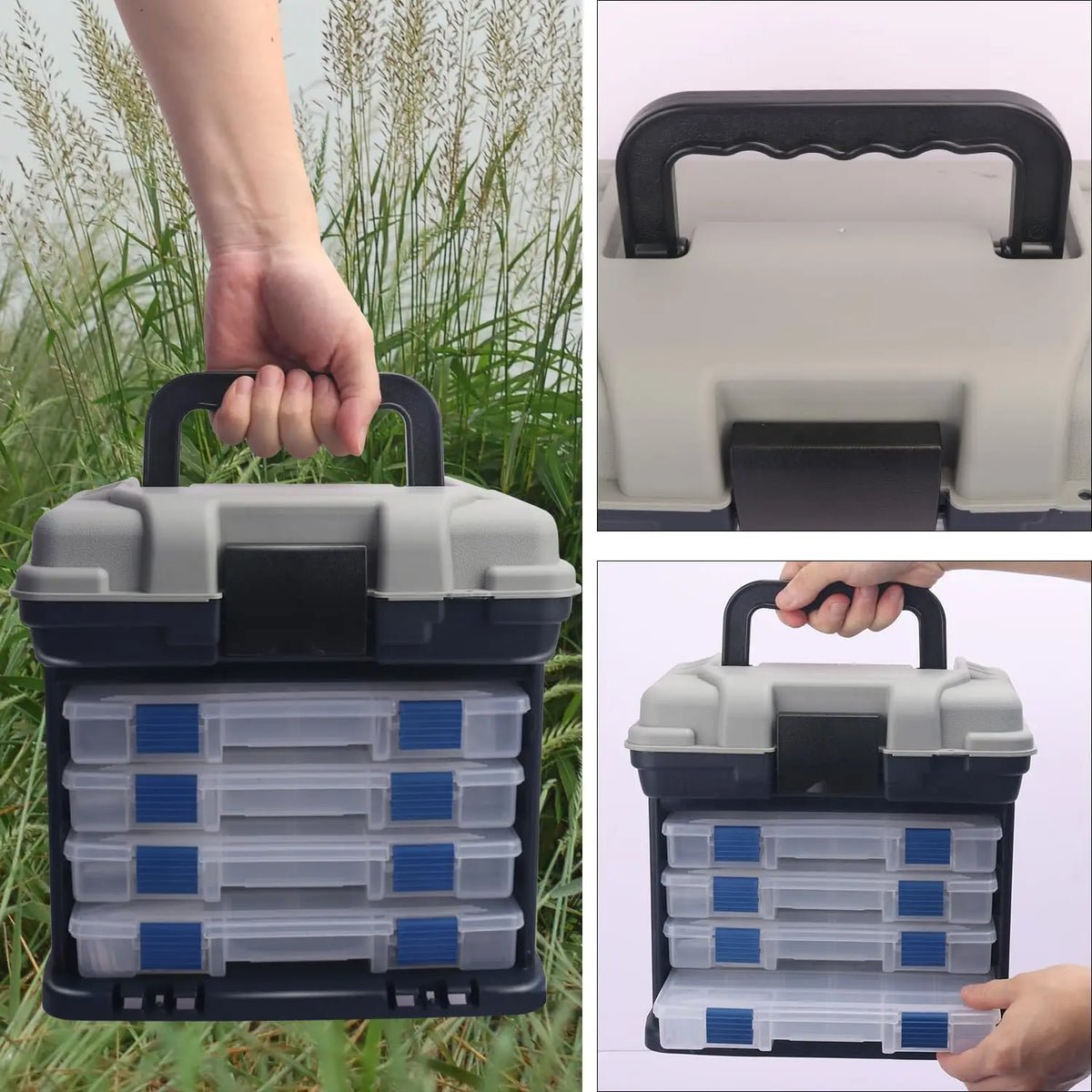Fishing Tackle Box Kit with Fishing Pliers 4-Tier Multi-Functional Fishing Handheld Storage Box Adjustable Dividers Portable Fishing Tackle Lure Tool