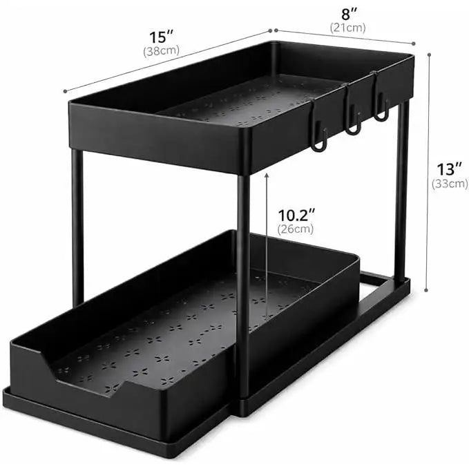 2 Tier Sliding Under Sink Organizer with 5 Side Hooks and 3 Detachable Hanging Baskets,Pull Out Rustproof Metal Storage Rack,Tool Free Assembly