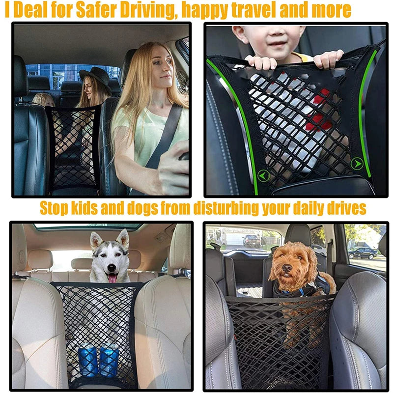 Car Seat Storage Net Bag and Pet Barrier, Stretchable Mesh Organizer Between Seats