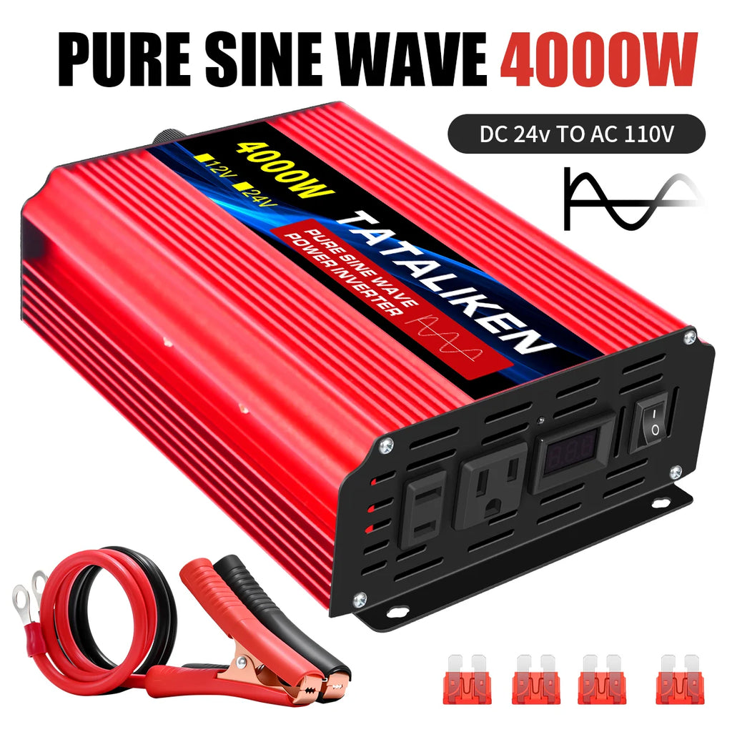 US Socket 24V To AC 110V 60HZ Pure Sine Wave Inverter Car Power 1000W/4000W/7000W/8000W Voltage Portable Converter with LED