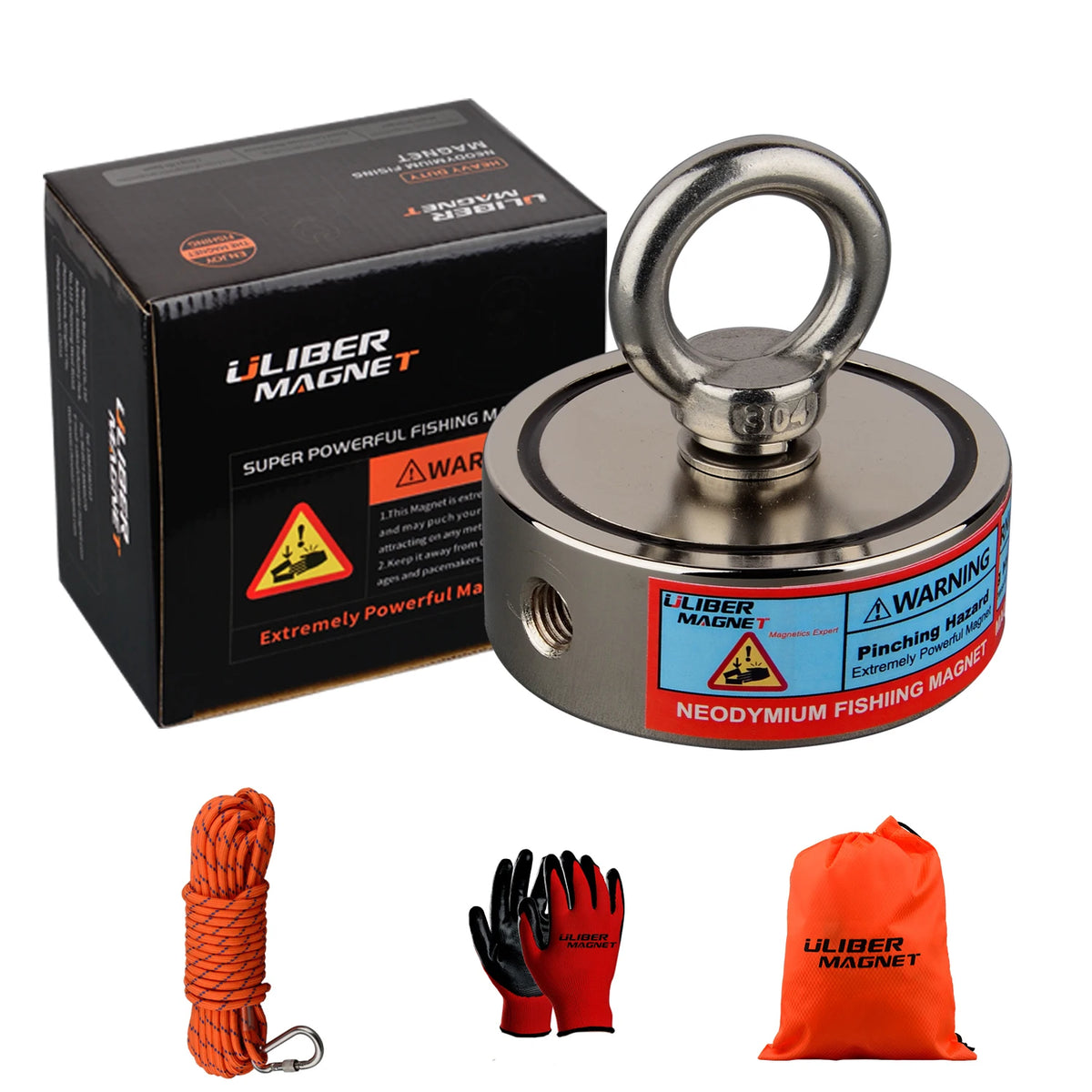 Double-Sided Magnet Fishing Kit 300-500kg, Neodymium Magnet with Rope, Gloves and Grappling Hook