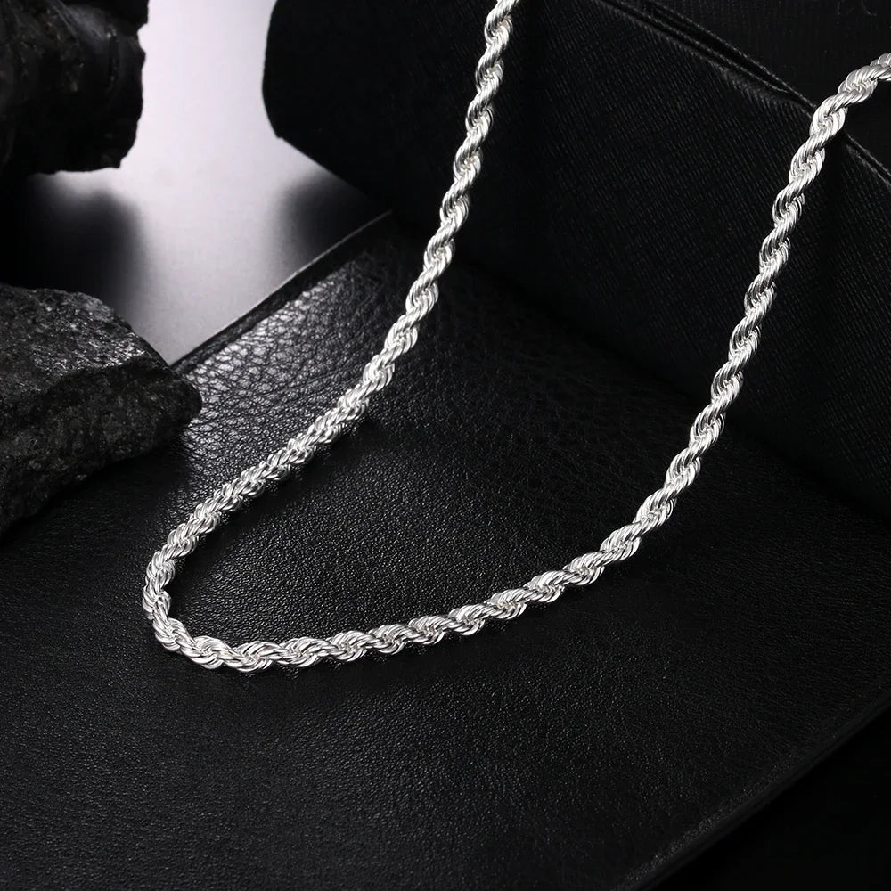 925 Sterling Silver Rope Chain Necklace and Bracelet Set, 4mm, for Men and Women