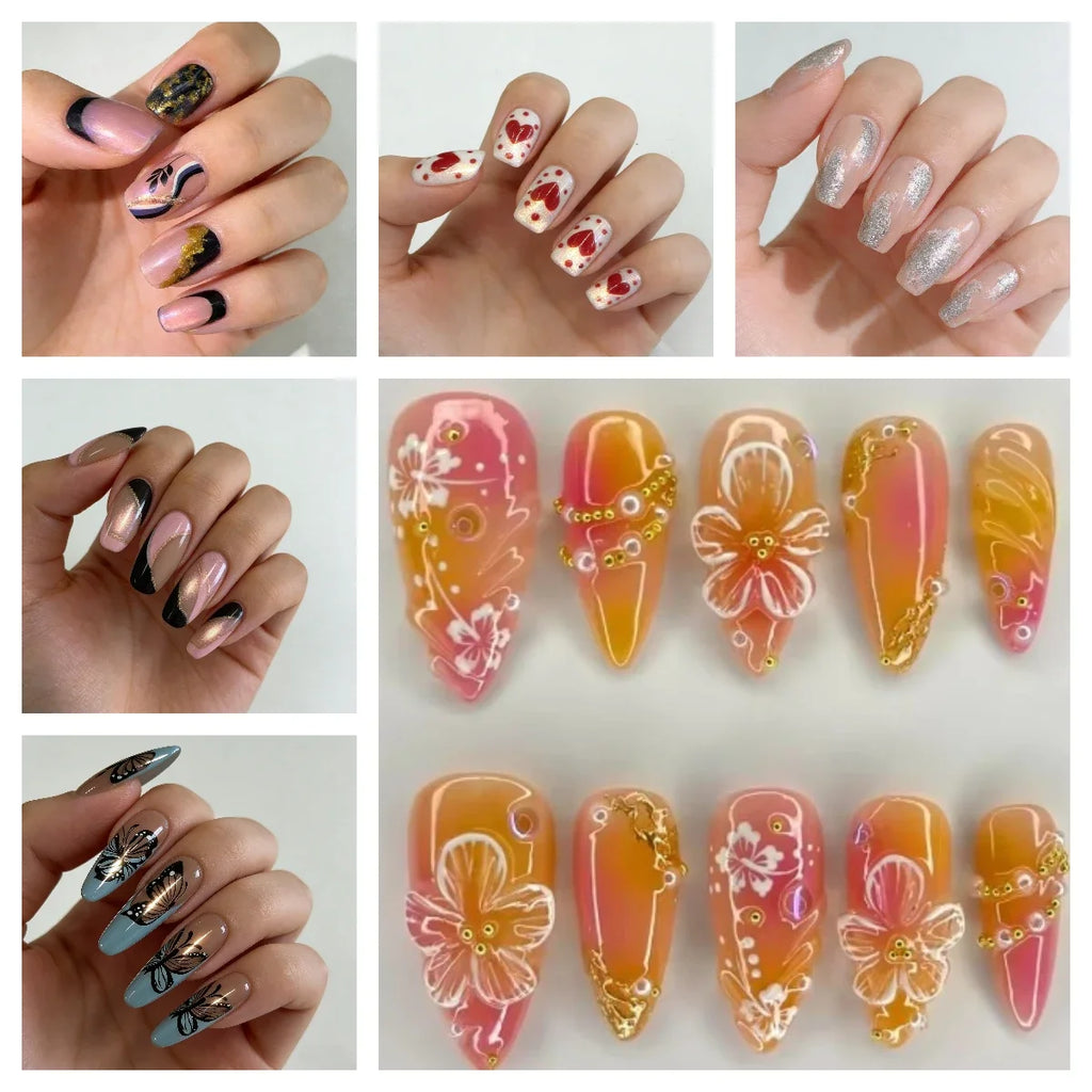 24Pcs Almond Press On Nails, Full Coverage False Nails (Random Style)