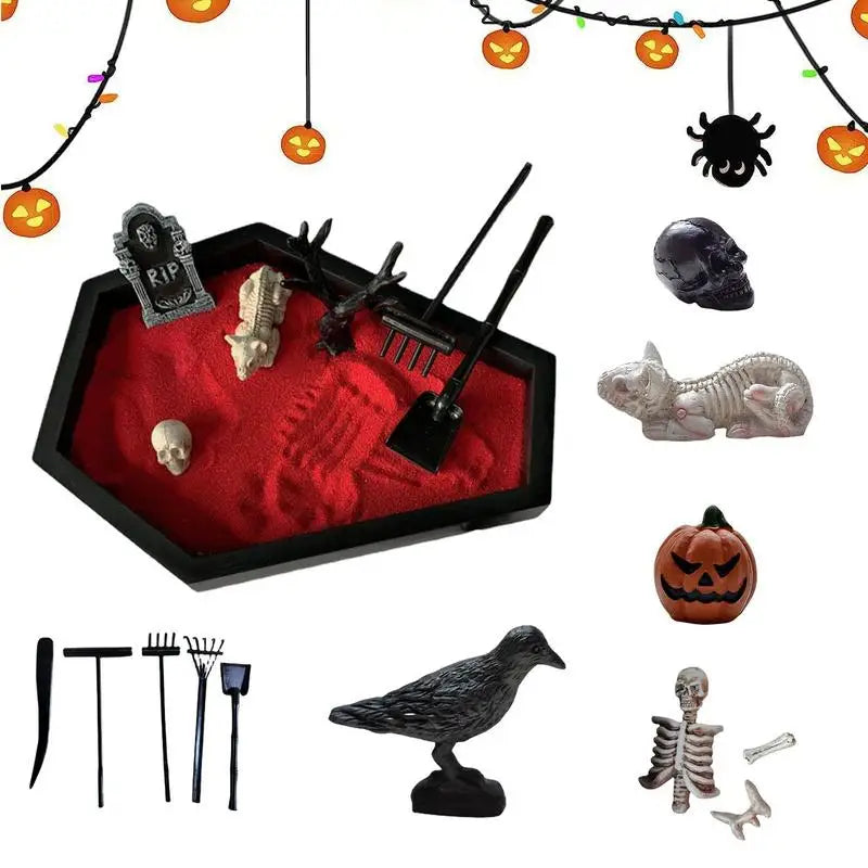 Halloween Coffin Sand Tabletop Decor, Gothic Mini Sand Tray Kit with Skull