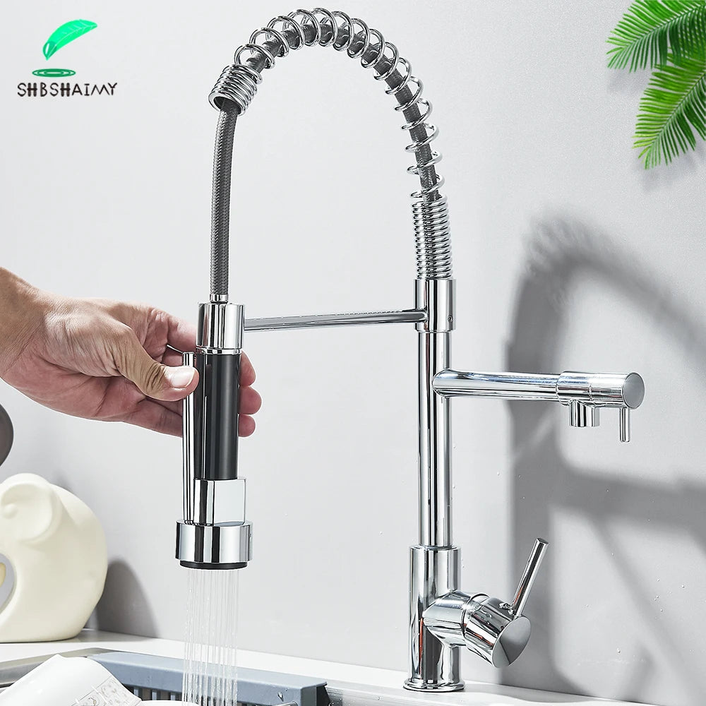 Pull-Down Chrome Kitchen Faucet with Dual Swivel Spout, Hot and Cold Deck-Mount Mixer