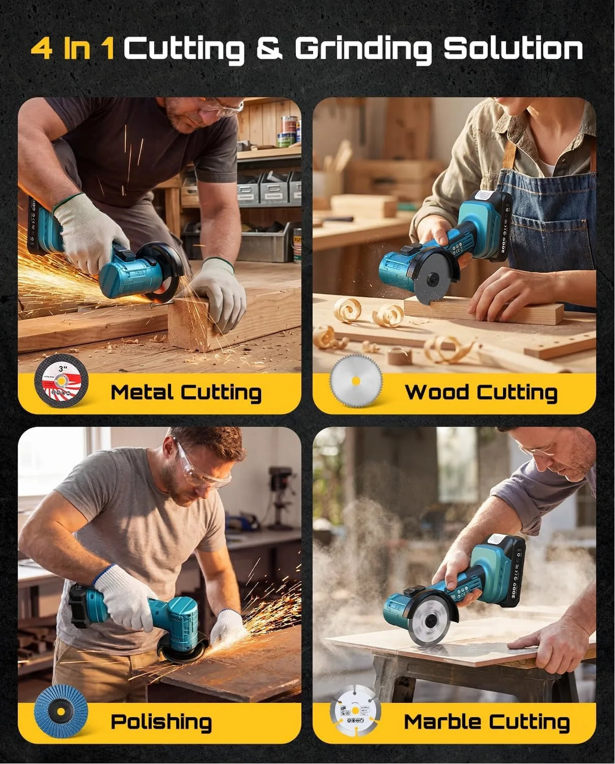 SEESII 3 Inch Brushless Angle Grinder 19000 RPM with 2pcs 21V 2.0Ah Batteries Cordless Mini Angle Grinder 7pcs Cutting Discs 210W Power Electric Grinder Tool for Metal Wood Polishing Rust Removal Repair Tool