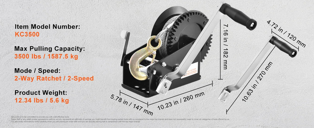 Heavy-Duty Hand Winch with 33ft Steel Cable and Two-Way Ratchet for Trailer, Boat or ATV