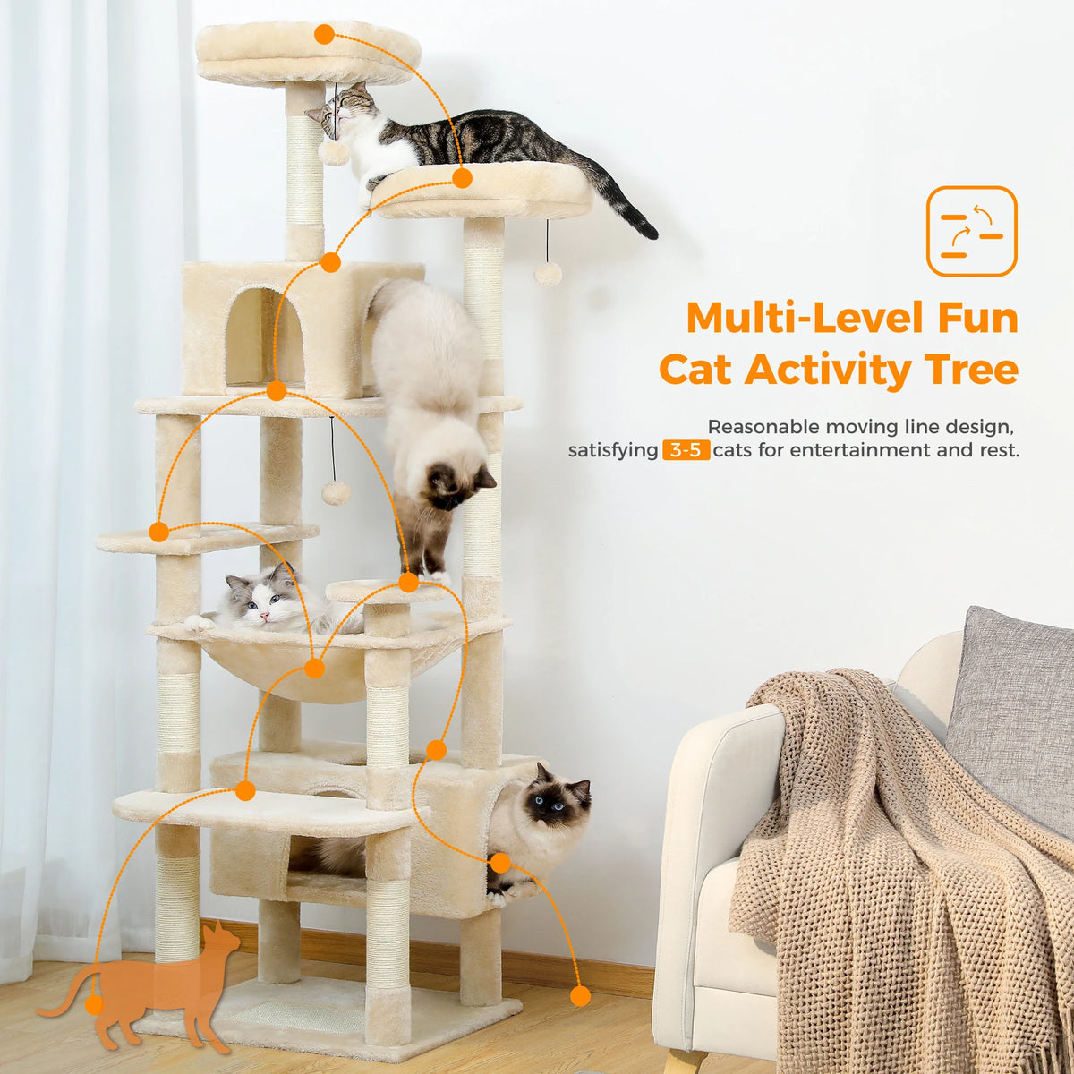 Large Cat Tree and Tower for Indoor Cats with Sisal Scratching Posts, Hammock, Padded Perches and Condos