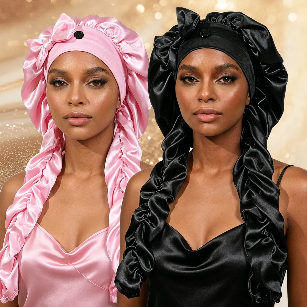 Heatless Curl Satin Sleep Bonnet with Curling Ribbons, No-Slip Bonnet for Long Hair