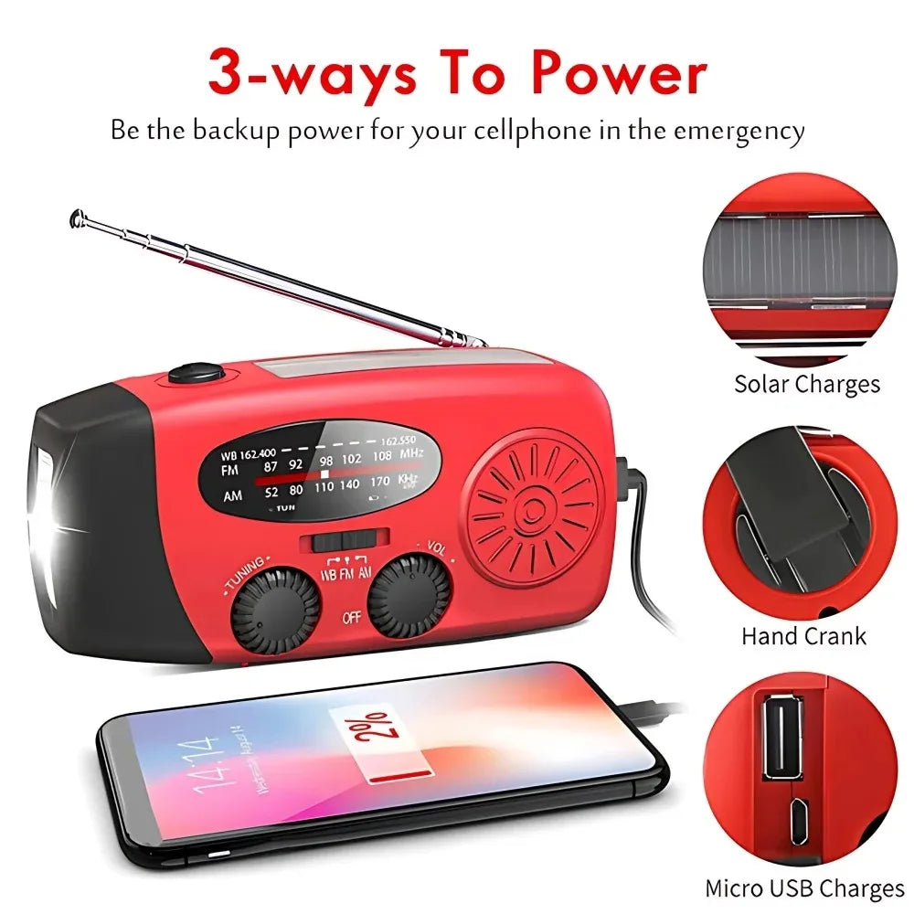 Solar Hand Crank Radio Portable Emergency Weather Alert Device with 2000mAh Power Bank and LED Flashlight Ideal for Home Blackout Severe Weather