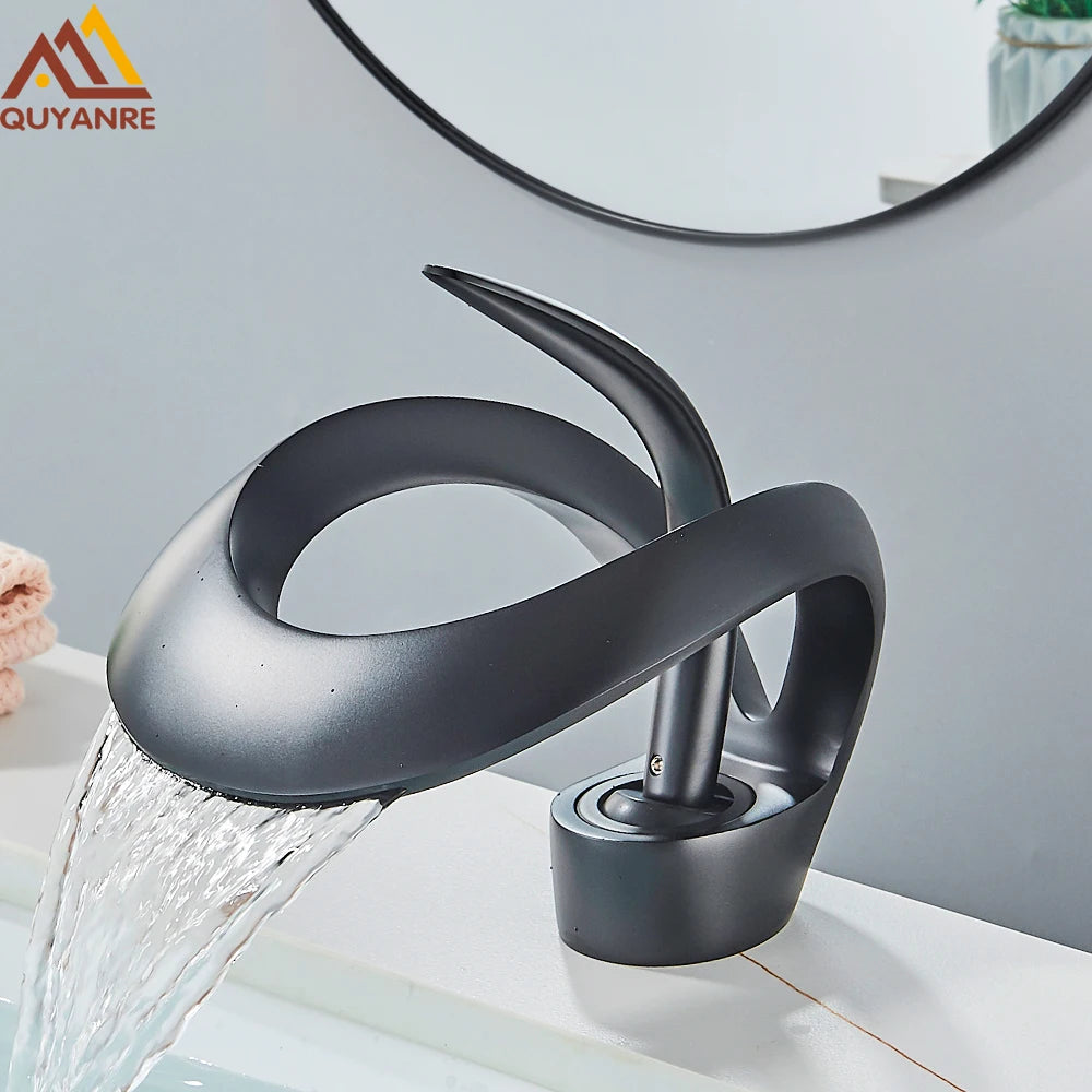 Solid Brass Waterfall Bathroom Sink Faucet, Single Handle Hot and Cold Mixer Tap