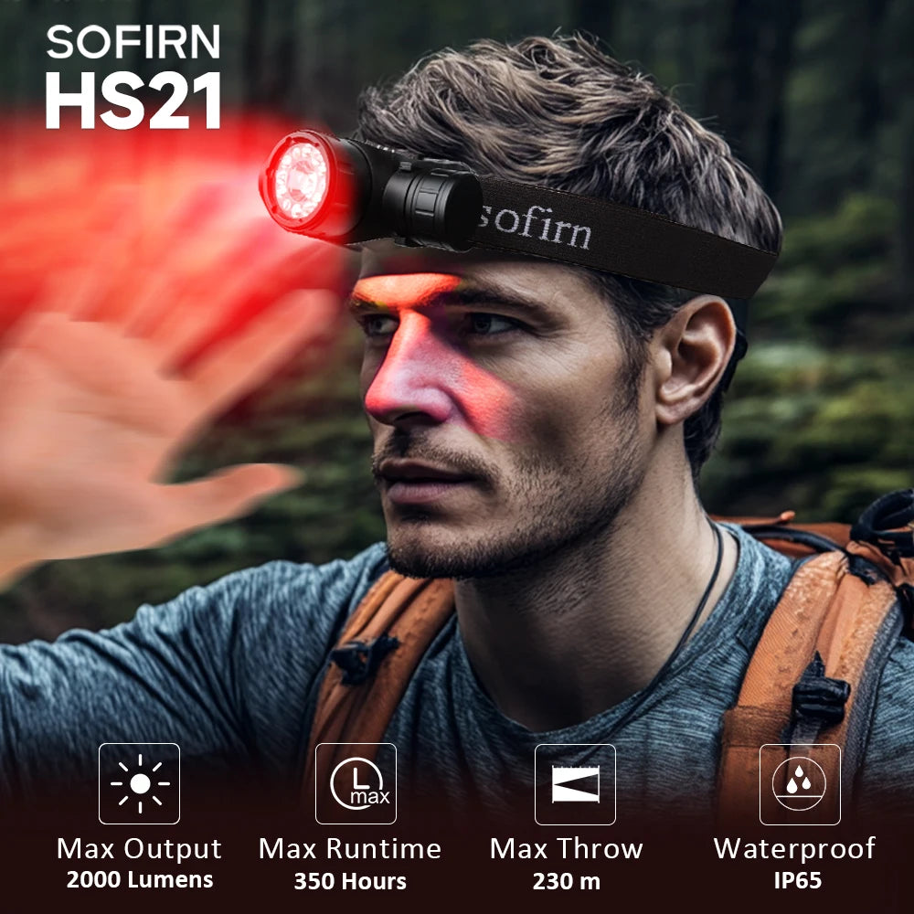 HS21 SFT40 2000lm EDC Red Headlight 18650 USB C Flashlight 6000K Powerful with Infrared Sensor New