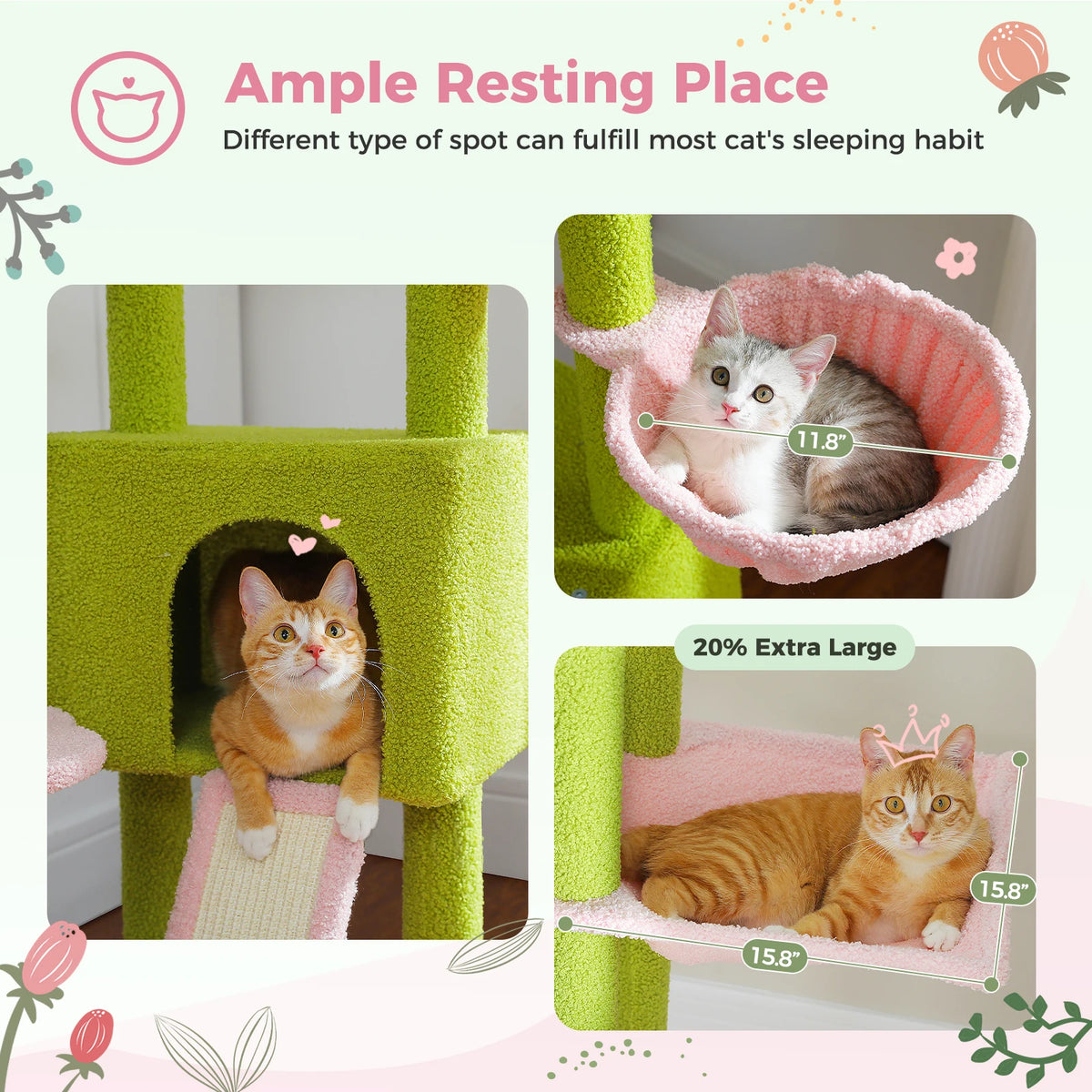 Cactus Cat Tree Floor to Ceiling Cat Tower Adjustable Height with Cat Condo Cozy Hammock and Scratching Post Tall Activity Tree