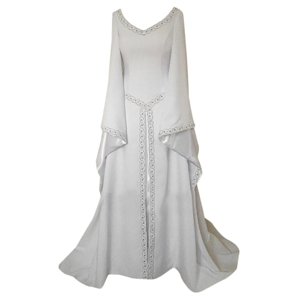 Medieval Vintage Long Dress, Flare Sleeve V Neck Floor Length Gown for Vampire Cosplay and Halloween Costumes