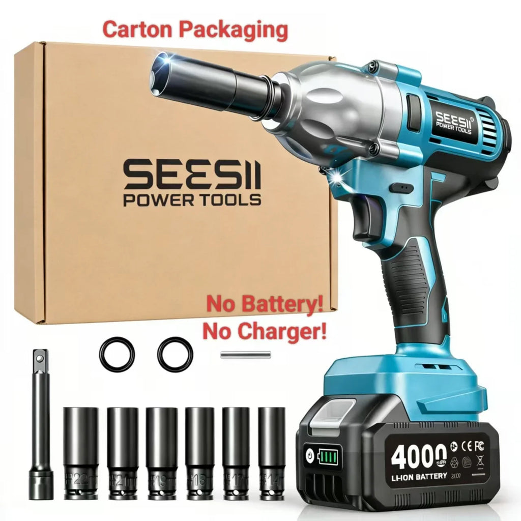 SEESII WH710 Pro 1200N.m Electric Impact Wrench Brushless 1/2" High Torque Handheld Cordless Impact Gun Tool Kit LED Light 6 Socket