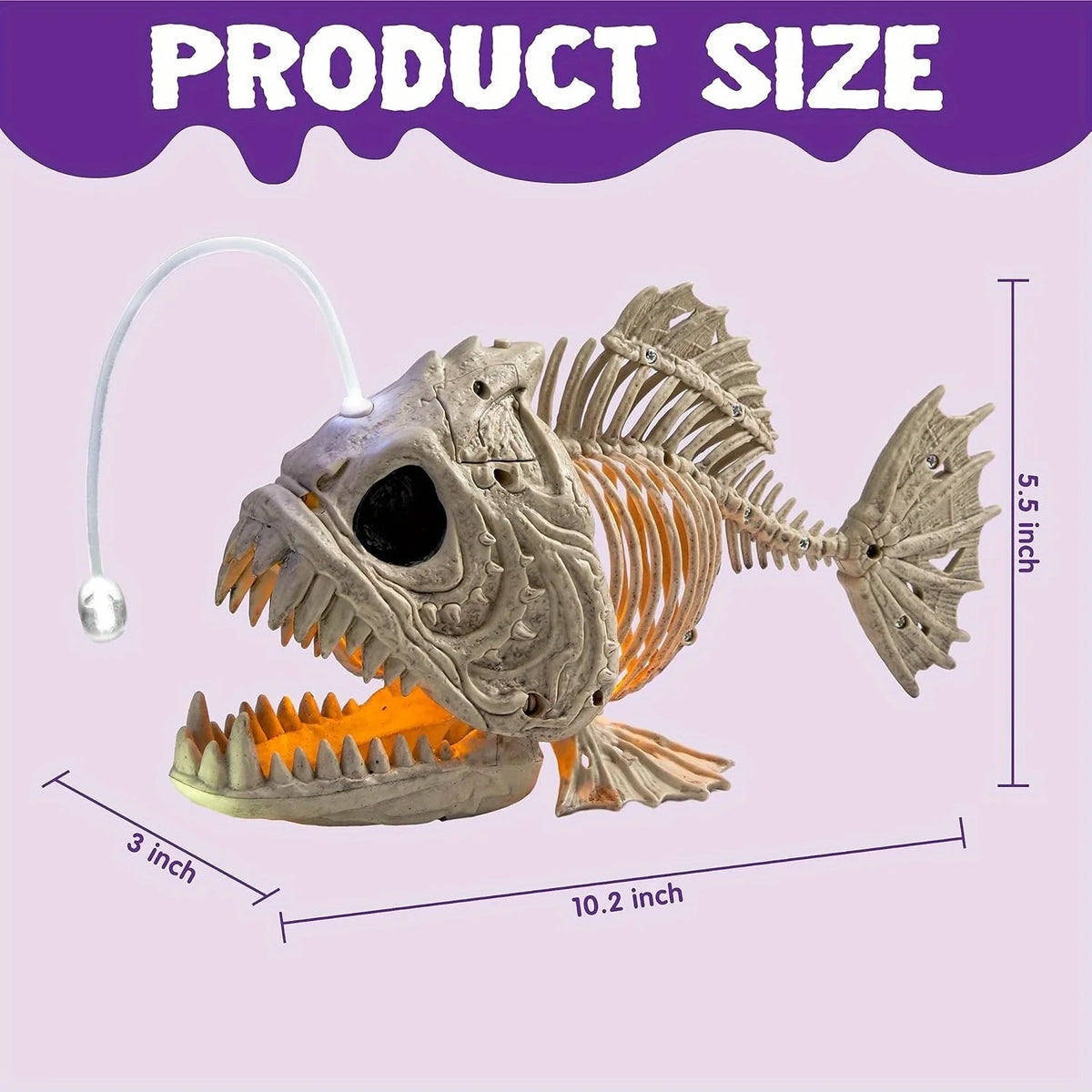 Skeleton Lantern Fish Halloween with LED Eye Plastic Bones for Halloween Party Photo Prop Decoration Graveyard Decor, Indoor Outdoor Spooky Scene(10.2" *5.5" *3")