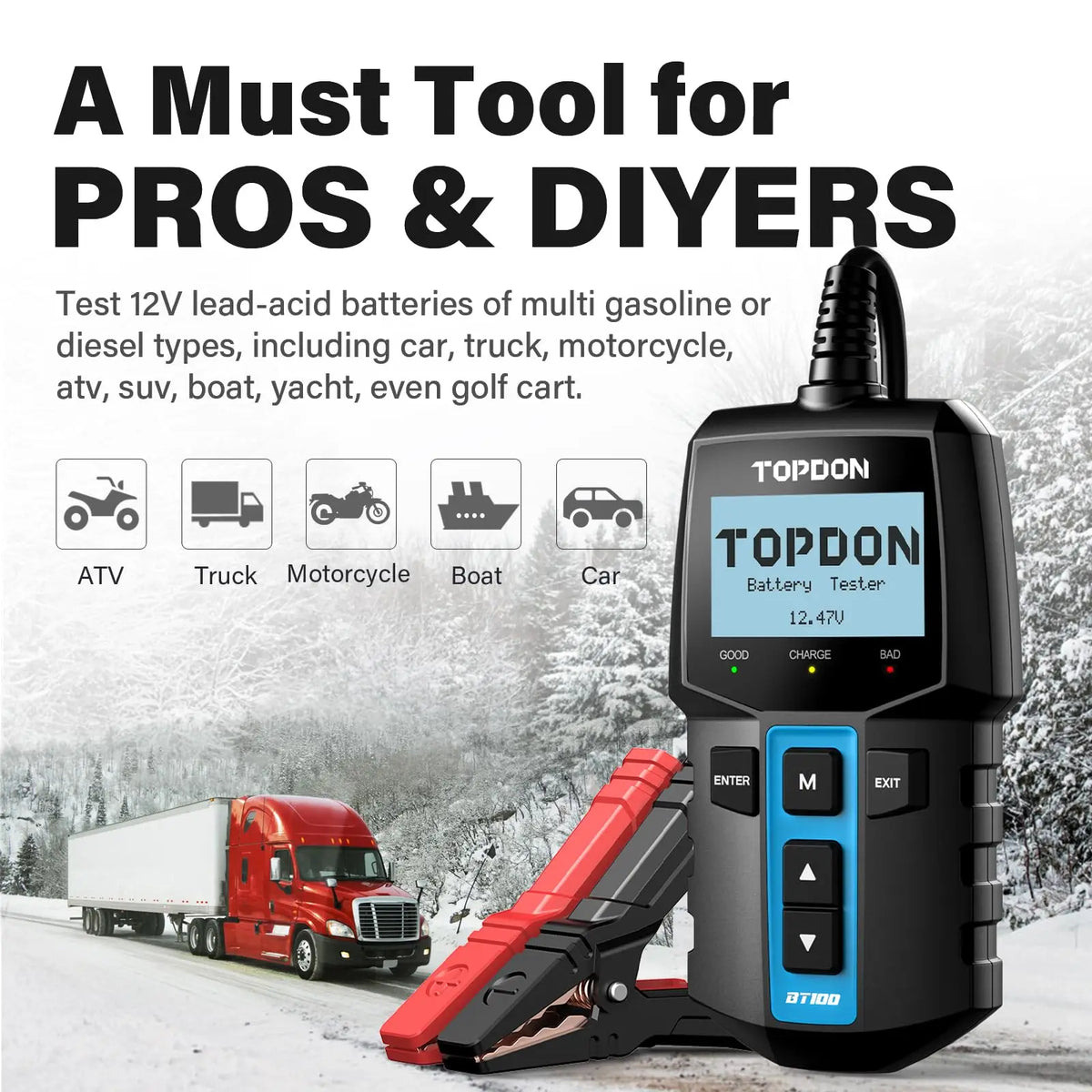 TOPDON BT100 12V Digital Battery Analyzer, Automotive Load Tester, Cranking & Charging System Test, Fast & Accurate for Car, Boat, ATV, Yacht
