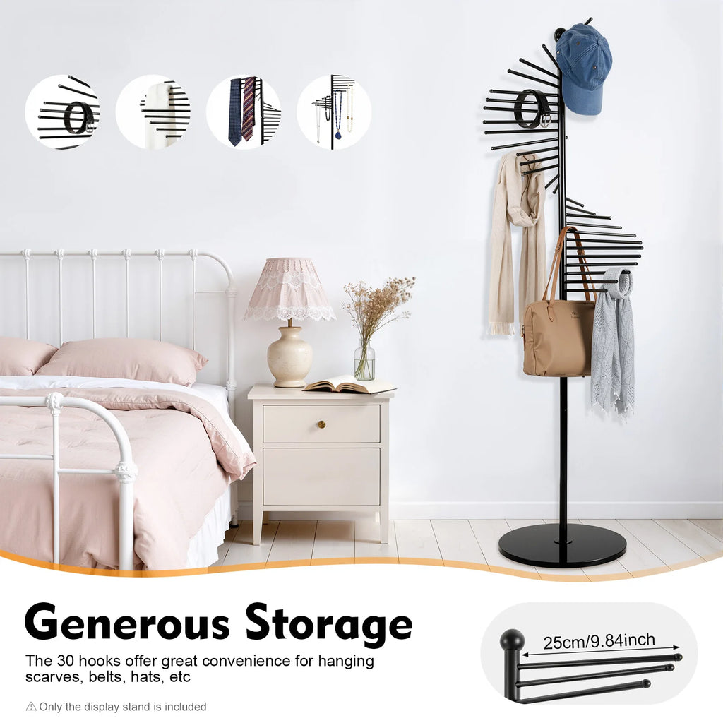 Freestanding Spiral Scarf Display Rack Black Baking Paint Iron Floor Shawl Organizer 5.58FT Tall 16.54IN Base Anti-Rust Anti-Slip Round Edge Easy Assemble For Clothing Store Mall Closet Hat Belt Jewelry Display