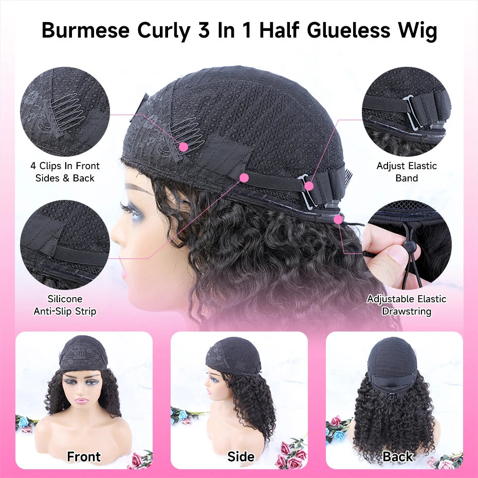 250 Density Kinky Curly Half Wig Double Drawn Invisible Drawstring Machine Made Wigs Human Hair Invisible Hairline Half Wig Natural Colored Ponytail